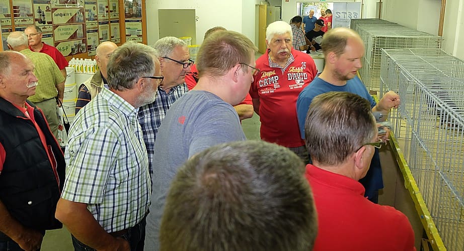 Preisrichter bei der Tierbesprechung vor den Käfigen
