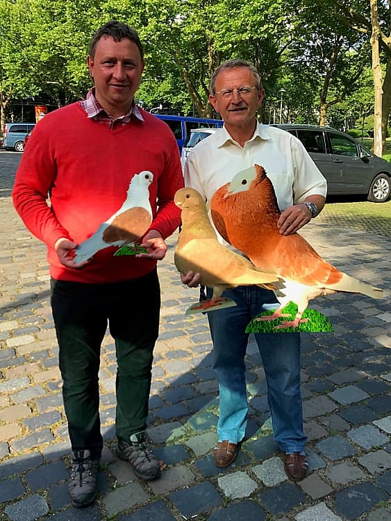 Marco Schneider mit einem der übergroßen Rassetaubenbilder