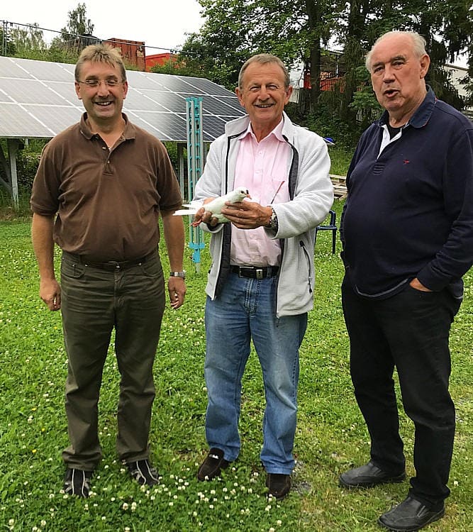 Drei Züchter, der mittlere hält ein rotgeschnipptes Jungtier